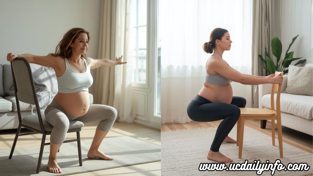 A pregnant woman doing gentle squats while holding a chair for support
