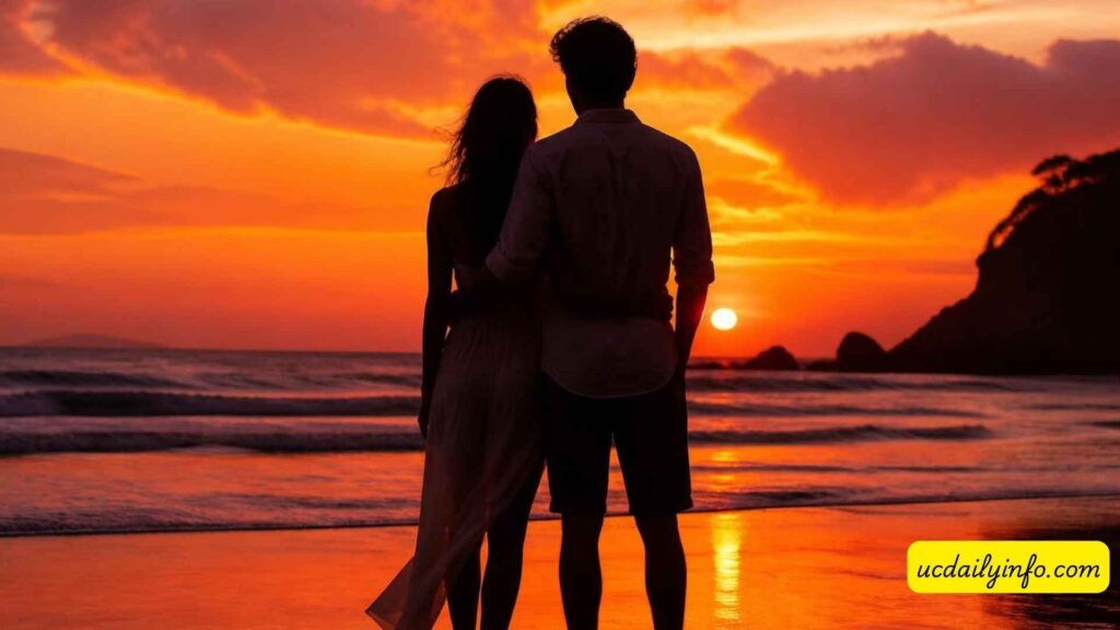 Couple-standing-together-in-a-beach-sunset-silhouette