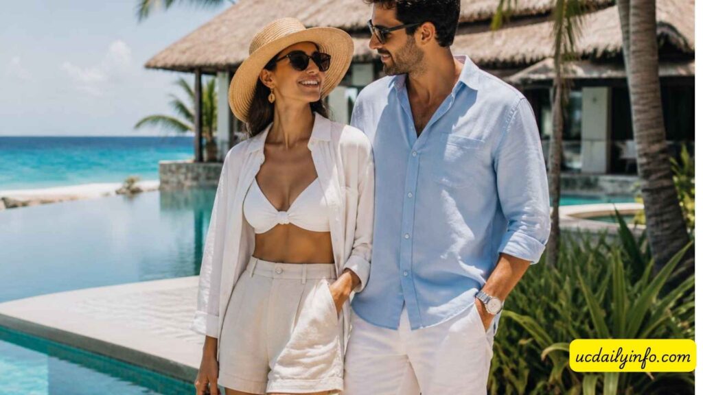 Couple-wearing-coordinated-outfits-at-a-tropical-resort-25 Romantic-Couple-Vacation-Ideas