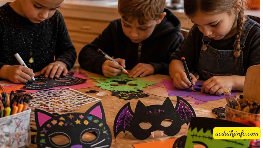 kids-making-Halloween-masks-with-craft-supplies