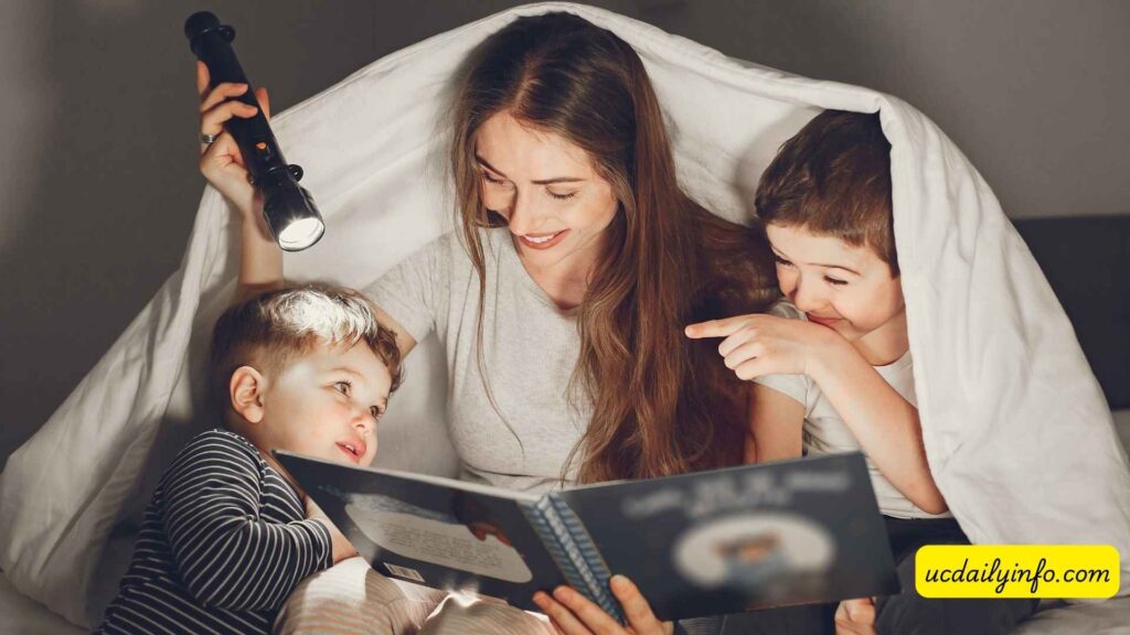 parent-reading-Halloween-books-with-children-at-home