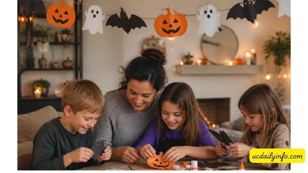 children-making-Halloween-paper-garland-at-home