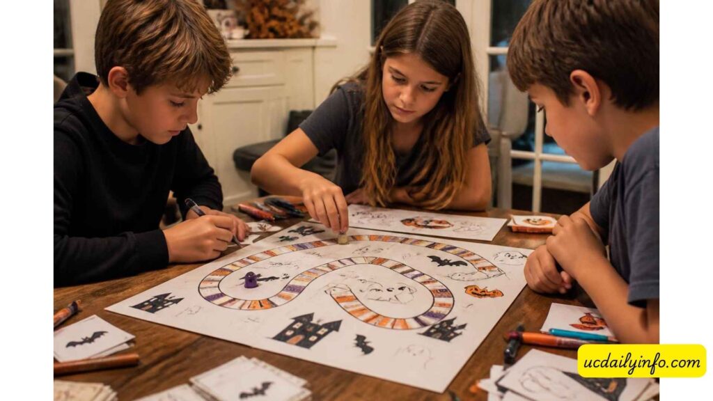 children-creating-a-Halloween-board-game-at-home
