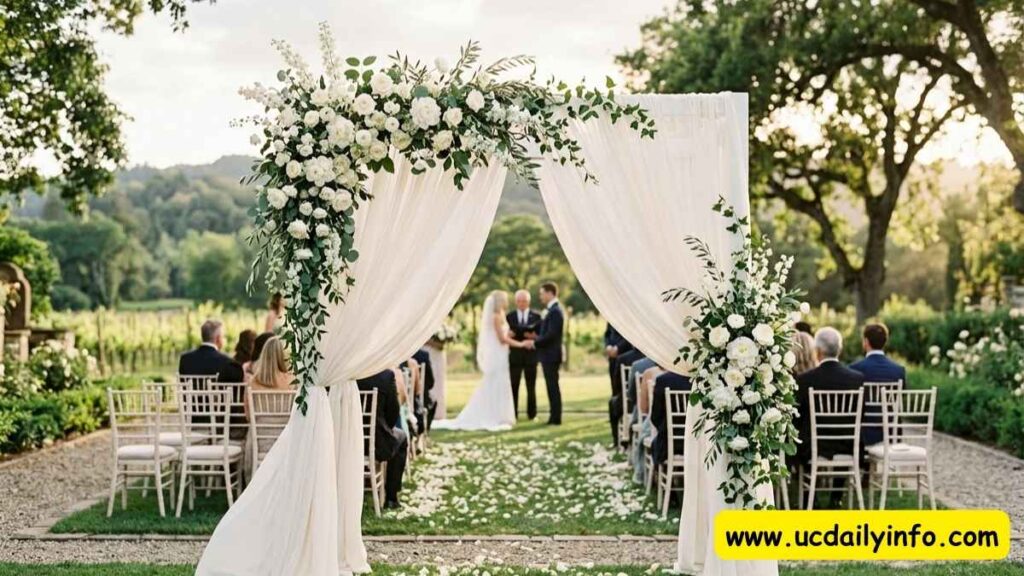 wedding-arch-decorations-with-flowing-white-fabric 