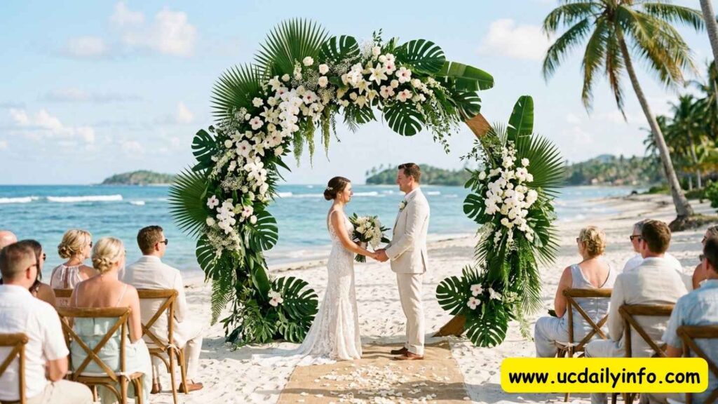 tropical-wedding-arch-decorations-with-palm-leaves