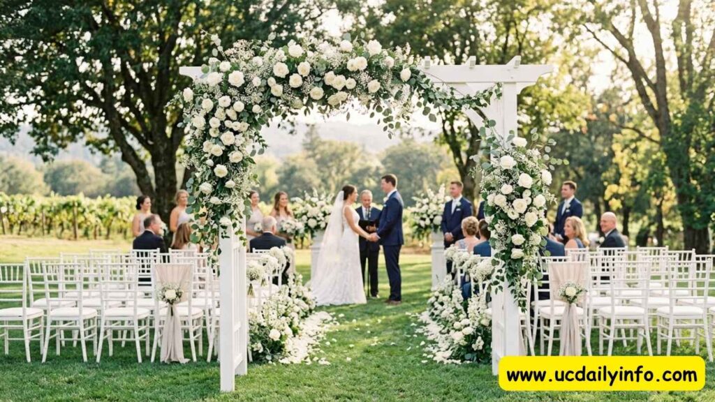 classic-white-wedding-arch-decorations-with-greenery