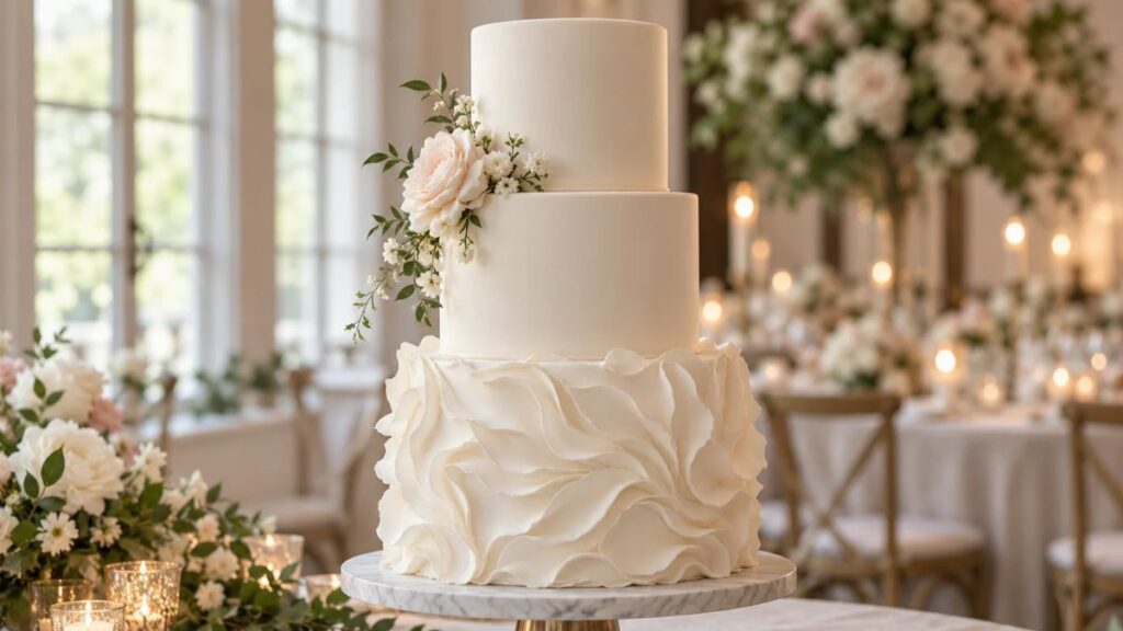 ivory-wedding-cake-with-ruffled-bottom-tier-and-smooth-upper-tiers