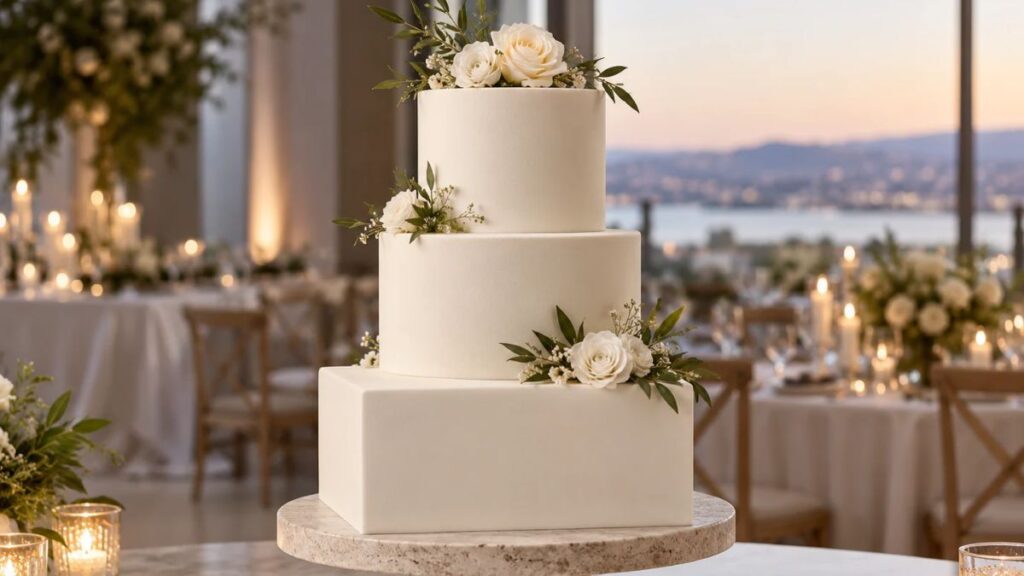 ivory-wedding-cake-with-square-bottom-tier-and-round-upper-tiers