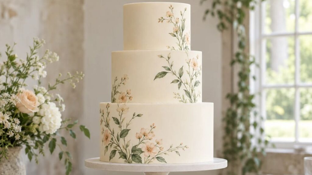 ivory-wedding-cake-with-hand-painted-green-stems-and-peach-blossoms