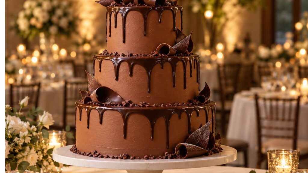 three-tier-chocolate-wedding-cake-with-ganache-drips-and-chocolate-curls
