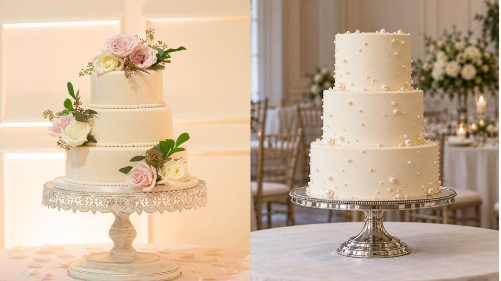 three-tier-ivory-wedding-cake-with-scattered-edible-pearl-details