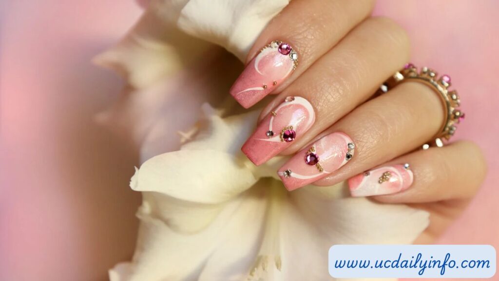 Sheer pink nails with colorful double-line French tips