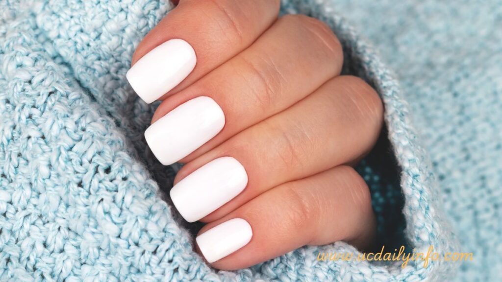 Milky white trendy nail ideas on short squoval nails