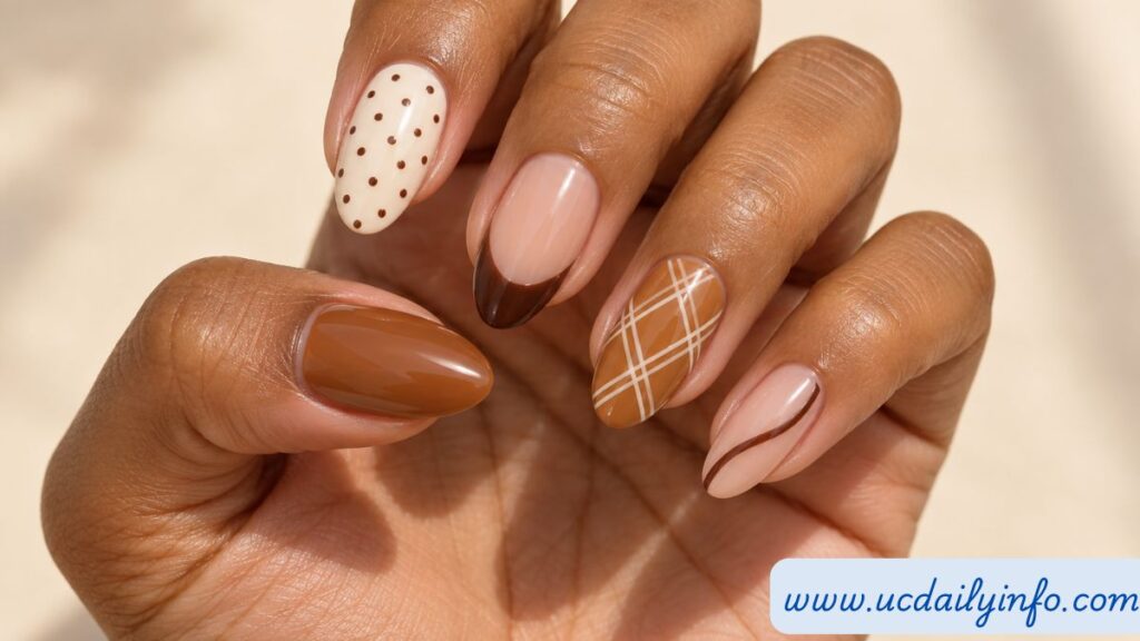  Almond nails with chocolate, caramel, and cream dots, French tips, and crisscross patterns