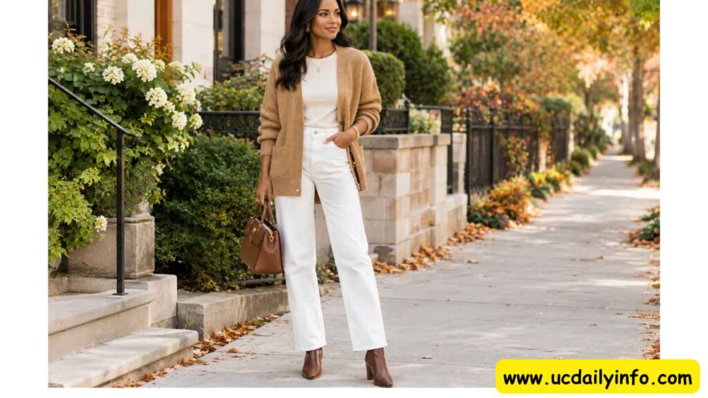 white-jeans-paired-with-a-camel-cardigan-and-ankle-boots